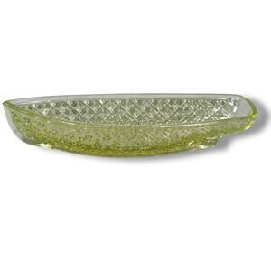 Vintage MCM Uranium Vaseline Glass Canoe Boat Dish Geometric Art Deco Glows UV